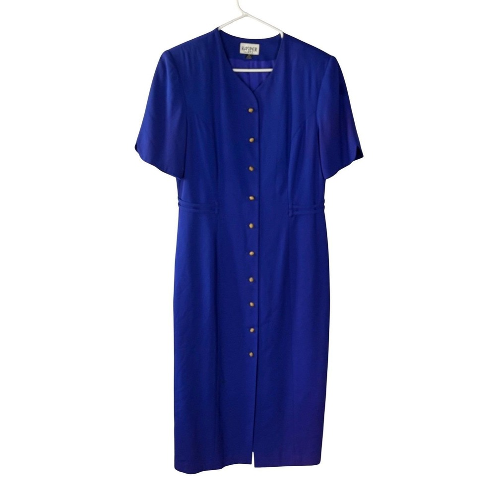 Kasper for ASL Royal Blue Button Front Sheath Dress Vintage Gold Buttons Size 12 - Picture 14 of 15